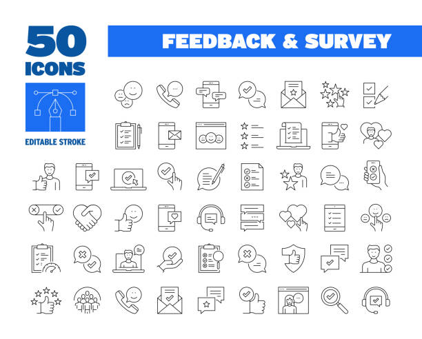 illustrations, cliparts, dessins animés et icônes de ensemble d’icônes de retour d’information simple et de ligne d’enquête. client, satisfaction, témoignages, qualité. trait modifiable 50 icônes de ligne. - icône de ligne