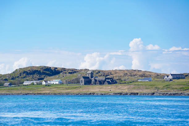 Iona, Scotland - April 28 2024: View over Iona with Iona Abbey. The Abbey is one of the oldest Christian centres in the west of Europa.