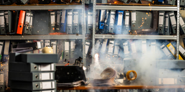 istock Dramatic Explosion Among Office Filing Shelves with Rising Smoke 2202739531