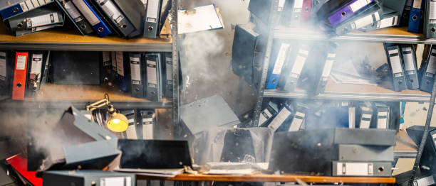 Chaotic Office Scene with Burst Shelves and Flying Binders