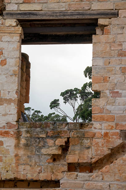 Penal colony ruins set in rural Tasmania with a bush backdrop and foreground a ruined brick building.