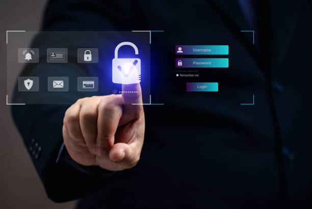 istock Man points at key security on virtual screen. The privacy protection safety from hackers. Press the password for identity shield. Internet and online crime block from thief. 2202758738