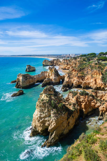 Rocky coastline in the Algarve characterized by cliffs, rocky headlands and sheltered sand coves