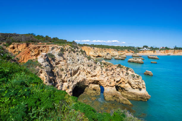 Rocky coastline in the Algarve characterized by cliffs, rocky headlands and sheltered sand coves