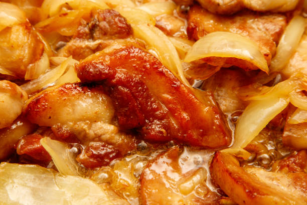 A plate of meat with onions and gravy. The meat is brown and looks cooked. The onions are sliced and scattered around the meat