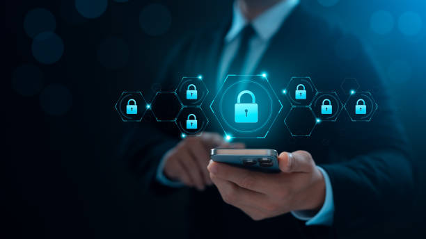 istock Cyber ​​security and internet data protection, businessman using smartphone with padlock icon. 2202777979