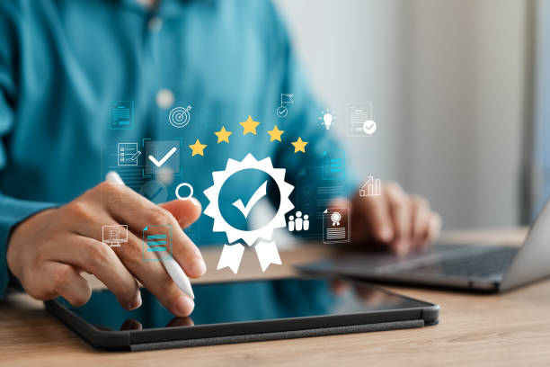istock Digital form checklist, business checklist management and performance tracking, businessman using tablet with digital document icons, check mark and online document approval. 2202778251