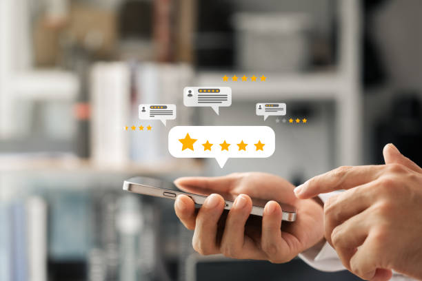 istock Customer satisfaction survey via online application, consumers give five-star feedback on product quality and service via online business platform, best business ranking. 2202778556