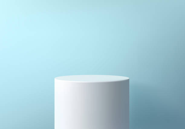 istock Cylindrical white podium on light blue background, round podium, stage. 3d abstract minimal pedestal for product display. 2202780912