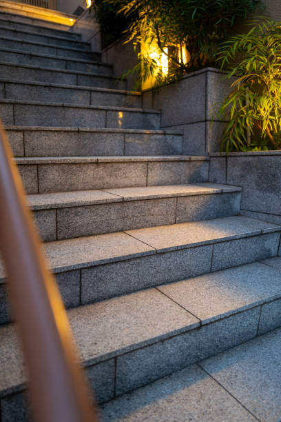 istock Stone staircase illuminated by lights, a space of tranquility 2202781008