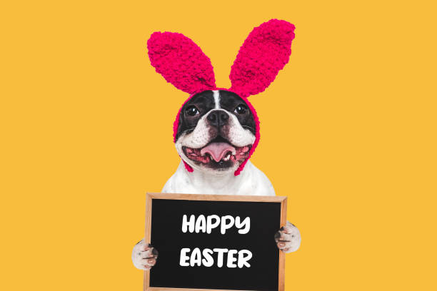 istock Happy Easter. Cute puppy and congratulatory inscription 2202781979