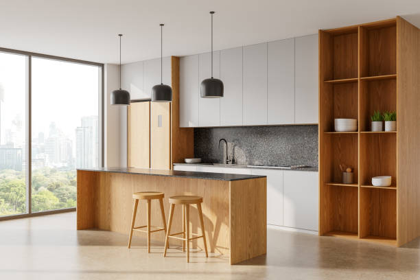 istock Modern kitchen interior with wooden cabinets and stools. 3D Rendering 2202783919