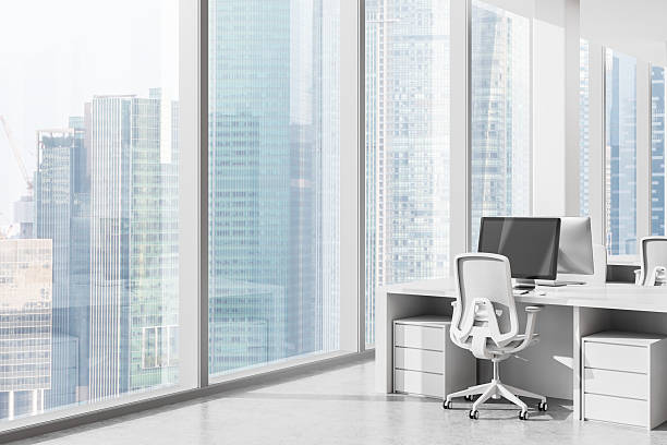 istock Modern office interior with white furniture and panoramic city view. 3D Rendering 2202783944