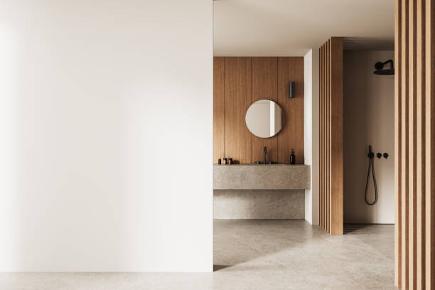 istock Modern bathroom interior with minimalistic design and blank white wall for copyspace. 3D Rendering 2202784490