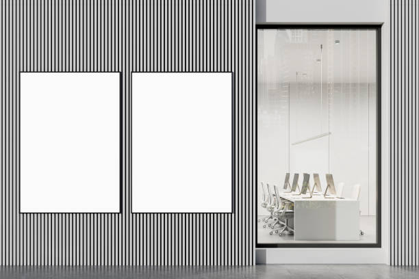 istock Blank poster mockup on modern striped exterior wall with glass office window. 3D Rendering 2202785461