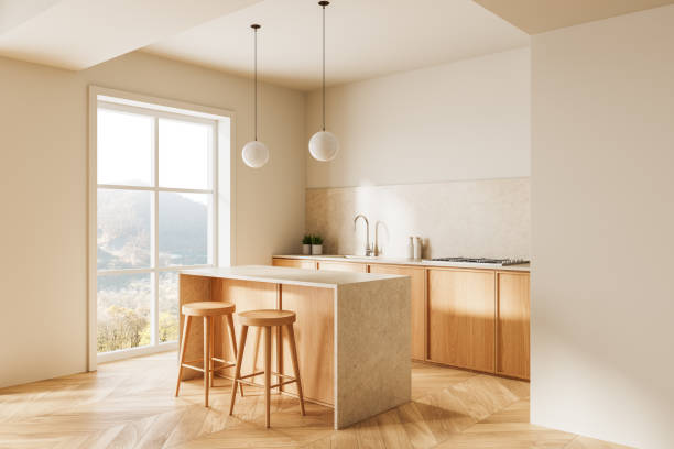 istock Modern minimalist kitchen with wooden cabinets and light marble island. 3D Rendering 2202785888