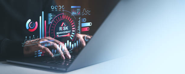 istock Digital risk management dashboard with futuristic interface on laptop screen. 2202786988