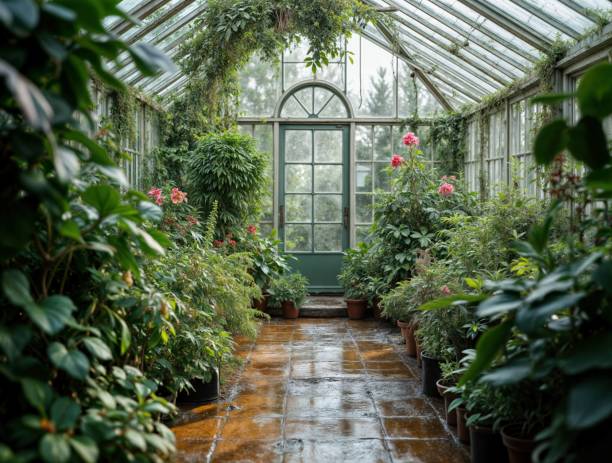 istock Greenhouse with many plants and a brick floor 2202795565