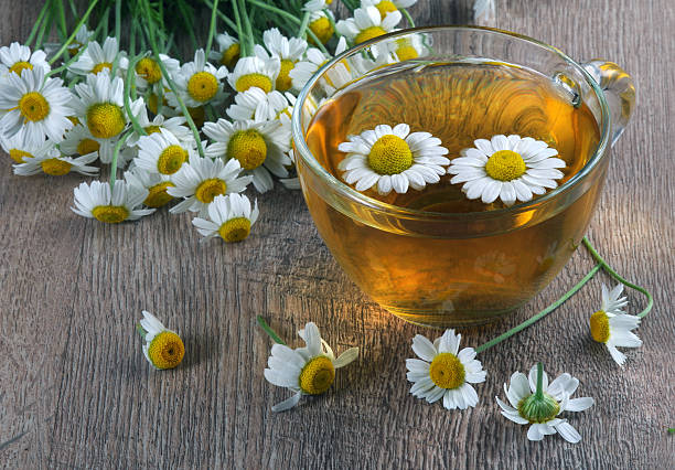 istock herbal chamomile tea in a glass cup on a wooden table. close up. medicinal herbs 2202801250
