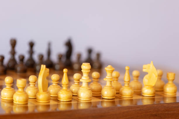 istock Wooden white chess pieces on the chessboard 2202814403