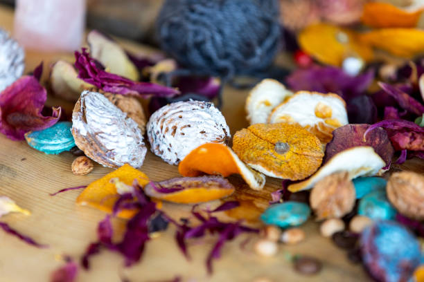 Decoration with candle light and dried flowers potpourri