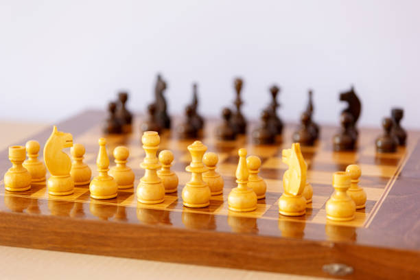 istock Wooden white chess pieces on the chessboard 2202814500
