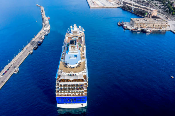 Rijeka, Croatia - July 7, 2024: Cruiser sails from port of Rijeka