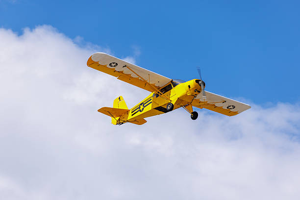 Yellow plane flying over the blue sky.