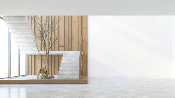 istock Japanese style empty room with minimalist stairs. 2202825287