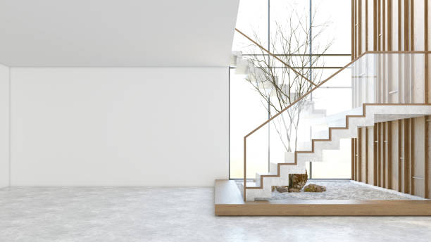 istock Japanese style empty room with minimalist stairs. 2202825301