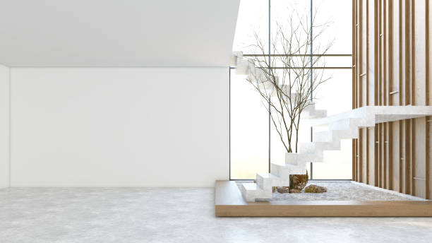istock Japanese style empty room with minimalist stairs. 2202825306