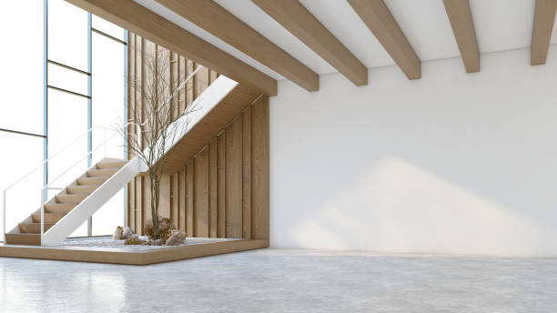 istock Japanese style empty room with modern stairs. 2202825315
