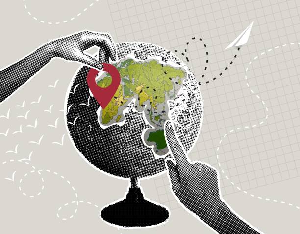istock Trendy halftone collage. The concept of choosing a vacation spot, planning a trip. Hand shows place on globe where vacation is planned 2202825682