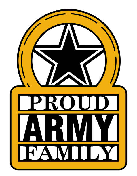 Proud Army Family Design Proud Army Family Design is a Gold and black emblem featuring a large star within a circle at the top, symbolizing military pride. Below the star, the text "PROUD ARMY FAMILY" is prominently displayed in bold black letters framed by a gold border. proud army mom stock illustrations