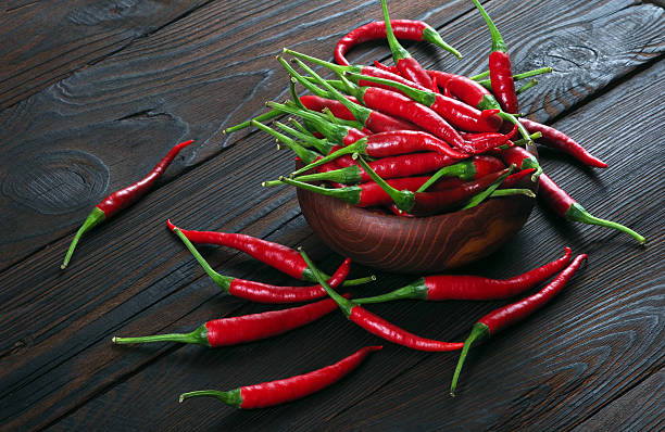 istock red hot chili peppers in a bowl on a wooden table. 2202830833