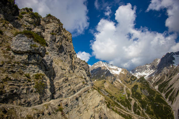 Austria Alps mountain landscape in early summer with snow, grass and rocky summits on a sunny day. Austrian mountains beautiful scenic view in Tirol near Imst