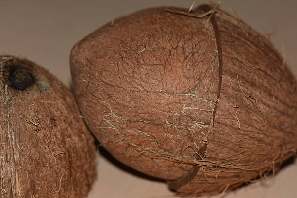 Coconut on a wooden background. Close-up, selective focus