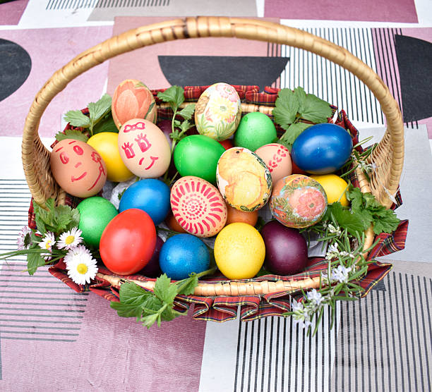 Easter background with painted eggs and small beautiful flowers in a basket.