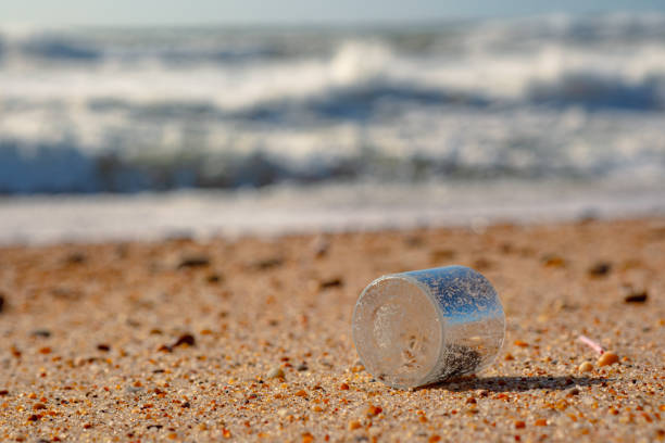 Plastic trash on the beach. Pollution of the environment with plastic. Ocean beach polluted with waste. Close-up photo.
