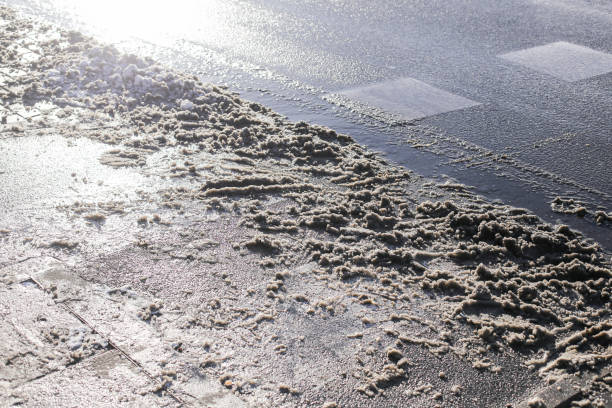 Sunlight rays on the wet snow. Transition between winter and spring.