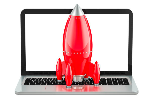 istock Rocket on the laptop keyboard. Startup, technology innovation and advancement, concept. 3D rendering 2202850722