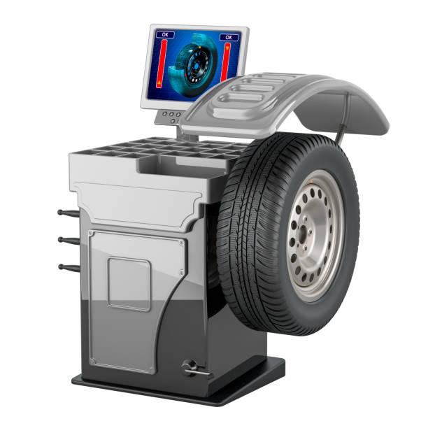istock Wheel balancing machine with car wheel, 3d rendering 2202850755