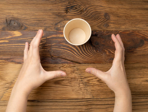 Hand Grabs Cup, Hands Reaching Empty Paper Cup, Coffee Mug, Cardboard Teacup, Hot Beverage Mockup