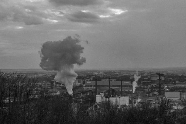 Black and white cloudy winter view from hill for city and factories in Linz Austria 02 28 2025