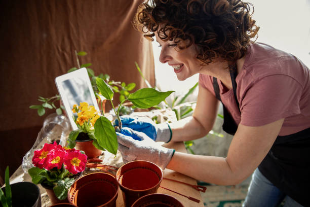 Enjoying care for her home plants
