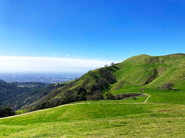 istock Rolling green hills with winding trails overlook a distant urban skyline under a vibrant blue sky 2202872187