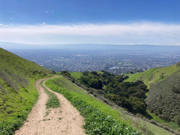 istock A dirt hiking trail winds through vibrant green hills 2202872311