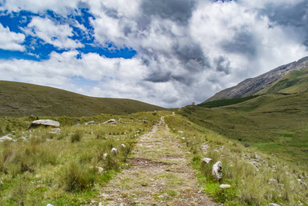 Road on trail in mountains with blue sky and gray clouds
