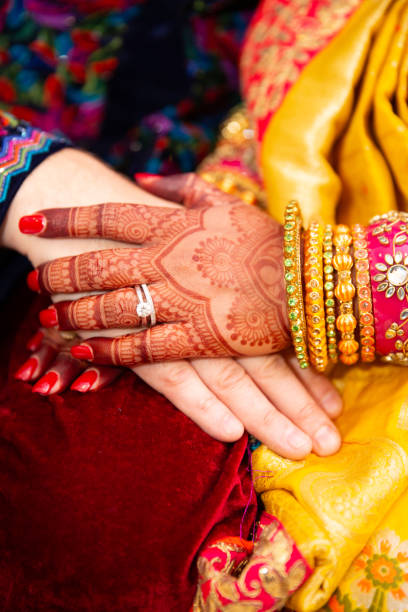 istock Bride and groom hands with mehendi/heena. 2202889898