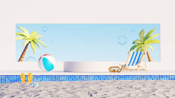 istock 3D render, Beach scene with display podium for showing product, beach ball, pool, palm trees, lounge chair, and sunglasses 2202891778